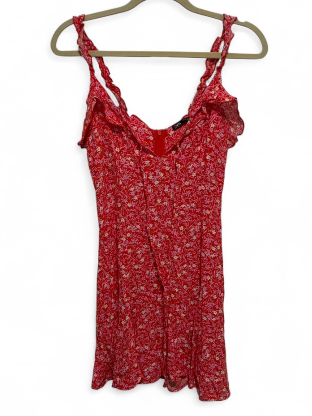 Zara Red Floral Ruffle Straps Tie Neck Mini Dress